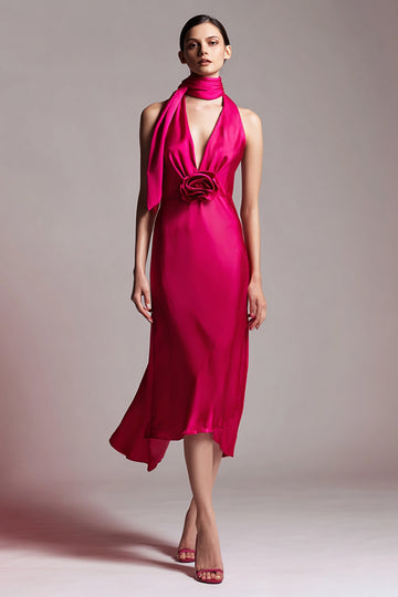 Robe formelle midi en satin de satin fleuri fuchsia